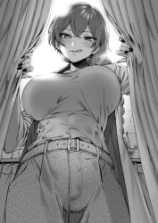 Rule 34 | 1girl, :q, belt, belt buckle, blush, braid, braided ponytail, breasts, buckle, ceiling, closed mouth, commentary request, cowboy shot, crossed bangs, curtains, fingernails, from below, greyscale, hair between eyes, half-closed eyes, hands up, heart, heart-shaped pupils, heavy breathing, highres, ice reizou, indoors, infirmary, lab coat, large breasts, long fingernails, long hair, long sleeves, looking at viewer, looking down, low ponytail, mole, mole under eye, monochrome, nail polish, naughty face, original, pants, shirt, shirt tucked in, single braid, smile, solo, standing, symbol-shaped pupils, tongue, tongue out