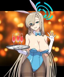 Rule 34 | 1girl, animal ears, asuna (blue archive), asuna (bunny) (blue archive), blue archive, blue bow, blue bowtie, blue eyes, blue leotard, blurry, blurry background, bow, bowtie, breasts, brown hair, brown pantyhose, cleavage, collar, cup, depth of field, detached collar, drink, drinking glass, elbow gloves, eyes visible through hair, gloves, grin, hair over one eye, hairband, hands up, highres, holding, holding tray, large breasts, leotard, looking at viewer, mole, mole on breast, muu (mumumer), pantyhose, playboy bunny, rabbit ears, smile, solo, strapless, strapless leotard, thighband pantyhose, tray, white collar, white gloves, white hairband, wing collar