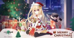 Rule 34 | 1girl, bare shoulders, black legwear, blonde hair, bow, breasts, christmas ornaments, christmas tree, cleavage, closed mouth, date a live, date a live: spirit pledge, dress, gift, hat, long hair, looking at viewer, mayuri (date a live), official art, red dress, red footwear, santa costume, santa hat, sitting, smile, solo