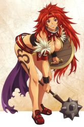 Rule 34 | 1girl, armor, breasts, cleavage, dark-skinned female, dark skin, earrings, female focus, full body, gradient background, highres, jewelry, large breasts, long hair, mace, messy hair, purple eyes, queen&#039;s blade, red hair, rin-sin, risty (queen&#039;s blade), shield, smile, solo, standing, tattoo, weapon, white background