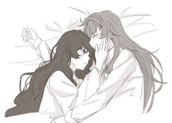 2girls closed_eyes closed_mouth cuddling f_et from_above greyscale isolde_(reverse:1999) kakania_(reverse:1999) long_hair long_sleeves lying monochrome multiple_girls on_bed on_side pillow purple_eyes reverse:1999 shirt sleeping spot_color yuri