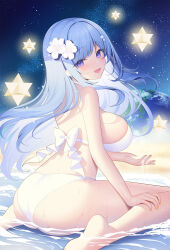 Rule 34 | 1girl, ass, bare arms, bare legs, bare shoulders, barefoot, bikini, blue hair, bow, breasts, emori miku, flower, from behind, hair flower, hair ornament, halterneck, hand on own leg, highres, large breasts, liver city, long hair, looking at viewer, looking back, miko (royal milk), nail polish, open mouth, purple eyes, second-party source, sideboob, sitting, skindentation, small stellated dodecahedron, smile, solo, swimsuit, thighs, wariza, water, wet, white bikini, white bow, yellow nails