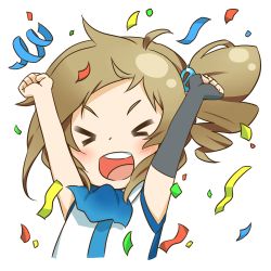Rule 34 | &gt; &lt;, 1girl, ahoge, aizawa inori, arms up, artist request, blush, brown hair, chibi, clenched hands, closed eyes, commentary, confetti, drill hair, elbow gloves, fingerless gloves, gloves, hair ornament, internet explorer, open mouth, os-tan, personification, side ponytail, simple background, single elbow glove, smile, solo, white background