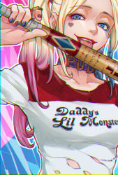 Rule 34 | 1girl, baseball bat, batman (series), blonde hair, blue eyes, blue hair, breasts, choker, chromatic aberration, clothes writing, colored tips, dc comics, english text, harley quinn, highres, lipstick, long hair, makeup, multicolored hair, solo, suicide squad, torn clothes, twintails, weapon