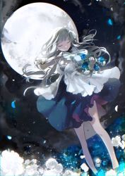 Rule 34 | 1girl, bad id, bad pixiv id, blue flower, blue rose, closed eyes, closed mouth, cloud, df=6, dress, flower, frills, full moon, instrument, legs apart, lens flare, long hair, moon, music, night, night sky, off shoulder, original, outdoors, petals, plant, playing instrument, rose, sky, sky print, sleeveless, sleeveless dress, smile, solo, standing, star (sky), strap slip, very long hair, vines, violin, white hair, wind
