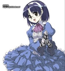 Rule 34 | 1girl, :d, aiko (renkin san-kyuu magical pokaan), ascot, blue dress, blue hair, dress, frilled dress, frills, hairband, joints, juliet sleeves, long dress, long sleeves, oekaki, onija tarou, open mouth, own hands clasped, own hands together, puffy sleeves, renkin san-kyuu magical pokaan, robot joints, short hair, sitting, smile, solo