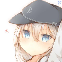 Rule 34 | 1girl, :t, arm up, blue eyes, commentary request, hat, hibiki (kancolle), kantai collection, long hair, pout, school uniform, serafuku, silver hair, solo, sorahachi (sora823), squiggle, upper body