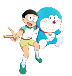 Rule 34 | 1boy, ;d, aqua shirt, arm up, bell, black eyes, black hair, blush, closed mouth, collar, commentary request, doraemon, doraemon (character), full body, glasses, green footwear, highres, jingle bell, looking at viewer, male focus, masser0209, neck bell, nobi nobita, one eye closed, open mouth, outstretched arm, red collar, shirt, shoes, short hair, short sleeves, shorts, simple background, smile, socks, t-shirt, v, whiskers, white background, white shirt, white socks, yellow shorts