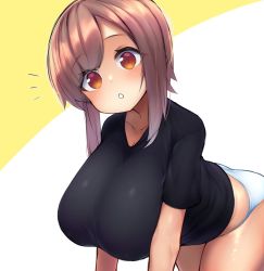 Rule 34 | 1girl, :o, all fours, black shirt, blush, breasts, brown eyes, brown hair, collarbone, curvy, hanging breasts, head tilt, huge breasts, looking at viewer, no pants, oppai loli, original, panties, parted lips, shiny skin, shirt, short hair, short sleeves, shortstack, simple background, solo, t-shirt, teeth, thighs, two-tone background, underwear, watari1118, white background, white panties, yellow background