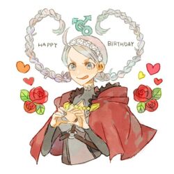 Rule 34 | 1girl, ahoge, black bridal gauntlets, braid, bridal gauntlets, buttons, capelet, chest harness, fire emblem, fire emblem fates, flower, grey hair, hairband, harness, heart, heart hair, heart hands, hood, hood down, low twin braids, nina (fire emblem), nintendo, o-ring, open mouth, parted bangs, red capelet, red hood, rose, shourou kanna, solo, turtleneck, twin braids, white hairband