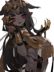 Rule 34 | 1girl, absurdres, armlet, bare shoulders, black gloves, blush, body markings, breasts, brown hair, claw (weapon), cleavage, dark-skinned female, dark skin, earrings, eyes visible through hair, facial mark, gloves, highres, hoop earrings, jewelry, long hair, mole, mole on breast, open mouth, original, rabbit (wlsdnjs950), red eyes, simple background, sketch, smile, solo, teeth, upper body, upper teeth only, weapon, white background
