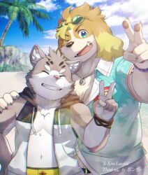 Rule 34 | 2boys, animal ears, artist name, bara, beach, blue sky, cat boy, cat ears, claws, closed eyes, cloud, cloudy sky, commission, commissioner name, crescent, dog boy, dog ears, eyewear on head, fangs, furry, furry male, hand on another&#039;s shoulder, hand on own hip, hisaki (live a hero), hood, hooded jacket, jacket, jewelry, live a hero, looking at viewer, male focus, multiple boys, necklace, one eye closed, open mouth, palm tree, pawpads, ponzu tas, sitri (housamo), skeb commission, sky, sleeveless, sleeveless jacket, star (symbol), thank you, tokyo houkago summoners, tree