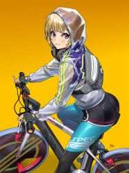 Rule 34 | 1girl, ass, back, bicycle, bike jersey, black gloves, blonde hair, blush, clothes writing, commentary request, fingerless gloves, from side, gloves, gradient background, hair ornament, hairclip, headphones, headphones around neck, highres, hood, hood up, long sleeves, looking at viewer, looking to the side, masin0201, orange background, original, parted lips, purple eyes, see-through, short hair, signature, sitting, skin tight, smile, solo