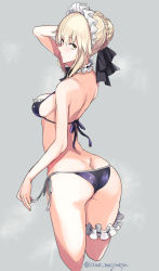 Rule 34 | 1girl, artoria pendragon (alter swimsuit rider) (fate), artoria pendragon (alter swimsuit rider) (second ascension) (fate), artoria pendragon (fate), ass, bikini, black bikini, blonde hair, braid, breasts, butt crack, commentary request, dimples of venus, fate/grand order, fate (series), french braid, grey background, highres, isao, looking at viewer, looking back, maid, maid bikini, maid headdress, medium breasts, side-tie bikini bottom, solo, swimsuit, thigh strap, twitter username, unconventional maid, yellow eyes