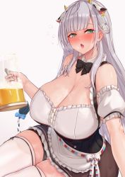 Rule 34 | 1girl, beer mug, black bow, black bowtie, blunt bangs, bow, bowtie, breasts, cream cod, cup, drunk, green eyes, grey background, highres, holding, holding cup, hololive, huge breasts, long hair, looking at viewer, mug, shirogane noel, shirogane noel (dirndl), silver hair, simple background, solo, squeans, thighhighs, thighs, virtual youtuber, white thighhighs