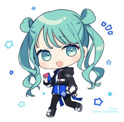 Rule 34 | 1girl, black footwear, black jacket, black pantyhose, blue skirt, cellphone, commentary request, drawstring, green hair, hair rings, hatsune miku, highres, holding, holding phone, hood, hood down, hooded jacket, jacket, long sleeves, notice lines, pantyhose, phone, pleated skirt, project sekai, puffy long sleeves, puffy sleeves, shoes, signature, simple background, skirt, sleeves past wrists, sofra, solo, standing, standing on one leg, star (symbol), twintails, twitter username, vocaloid, white background