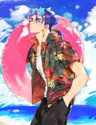 Rule 34 | 1boy, beach, blue hair, commentary, cu chulainn (caster) (fate), cu chulainn (fate), cu chulainn (fate/stay night), day, earrings, eyewear on head, fate (series), floral print, from side, hand in pocket, hand up, hawaiian shirt, holding, holding swim ring, innertube, jewelry, long hair, looking at viewer, male focus, ocean, open mouth, pink innertube, ponytail, red eyes, shirt, solo, standing, sunglasses, swim ring, tatsuta age, upper body