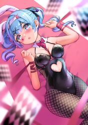Rule 34 | 1girl, animal ears, bare shoulders, between breasts, black leotard, black pantyhose, blue eyes, blue hair, blush, bound, bound wrists, bow, bowtie, breasts, card, chest harness, clothing cutout, cutout above navel, detached collar, drill hair, embarrassed, fake animal ears, fishnet pantyhose, fishnets, hair ornament, hairband, hairclip, harness, hatsune miku, heart, heart-shaped pupils, heart cutout, highleg, highleg leotard, highres, leotard, long hair, lying, medium breasts, mia mikhail, official alternate costume, on back, open mouth, pantyhose, playboy bunny, playing card, rabbit ears, rabbit hole (vocaloid), red bow, red bowtie, solo, spaghetti strap, symbol-shaped pupils, teardrop facial mark, twin drills, twintails, vocaloid, white hairband, x hair ornament