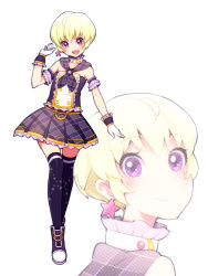 Rule 34 | 1girl, :d, aikatsu!, aikatsu! (series), blonde hair, boots, closed mouth, commentary request, detached collar, detached sleeves, earrings, fang, frilled gloves, frills, from side, full body, gem (symbol), gloves, hand up, hattori yu, idol, jewelry, looking at viewer, looking to the side, neckerchief, open mouth, partial commentary, plaid, plaid neckerchief, plaid neckwear, plaid skirt, pleated skirt, portrait, short hair, short sleeves, simple background, single earring, skirt, smile, solo, star (symbol), star earrings, star print, thighhighs, ukokkei, white background, zoom layer