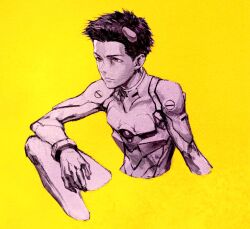 Rule 34 | 1boy, commentary request, greyscale with colored background, headgear, highres, iwamoto tatsurou, looking to the side, male focus, neon genesis evangelion, plugsuit, rebuild of evangelion, simple background, sitting, solo, suzuhara touji, yellow background