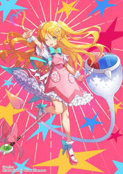 Rule 34 | 1girl, amiami (company), amico, bow, bowtie, dress, frilled dress, frills, full body, green eyes, hair ornament, heart, highres, holding, holding staff, leg up, long hair, looking at viewer, official art, one eye closed, open mouth, orange hair, pink footwear, shoes, short sleeves, simple background, socks, solo, staff, star (symbol), two side up, very long hair, white socks, yumekui