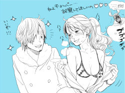 Rule 34 | 1girl, 2boys, angry, bare shoulders, bikini, bikini top only, blood, blush stickers, breasts, cleavage, facial hair, franky (one piece), hair over one eye, long hair, multiple boys, nami (one piece), nosebleed, one piece, personality switch, ponytail, punk hazard, saliva, sanji (one piece), short hair, sweat, swimsuit, tony tony chopper, translation request, yuu (1969loy)