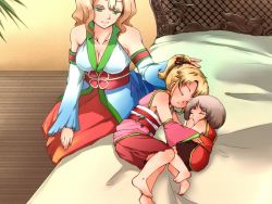 Rule 34 | 1boy, 2girls, age difference, bad id, bad pixiv id, barefoot, bed, blonde hair, breasts, brother and sister, brown hair, cleavage, dress, closed eyes, family, feet, flare en kuldes, gensou suikoden, gensou suikoden iv, granatum, large breasts, lazlo (gensou suikoden), long hair, mother and daughter, mother and son, multiple girls, queen of obel, short hair, short ponytail, siblings, sleeping, smile, aged down