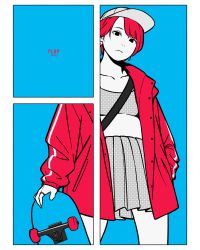 Rule 34 | 1girl, baseball cap, black eyes, blue background, border, earrings, flat color, halftone, hat, jacket, jewelry, looking at viewer, miyoshi yoshimi, original, parted lips, pleated skirt, red hair, red jacket, short hair, simple background, skateboard, skirt, solo, white border