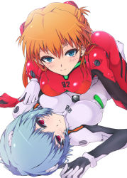 Rule 34 | 2girls, asymmetrical docking, ayanami rei, blue eyes, blue hair, blush, bodysuit, bracer, breast press, breasts, girl on top, gloves, hair between eyes, hair ornament, kasai shin, light smile, long hair, lying, multiple girls, neon genesis evangelion, on back, on stomach, parted lips, pilot suit, plugsuit, red eyes, red hair, short hair, simple background, smile, souryuu asuka langley, twintails, white background, yuri
