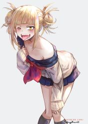 Rule 34 | 10s, 1girl, bare shoulders, black socks, blonde hair, blue skirt, blunt bangs, blush, boku no hero academia, cardigan, commentary request, double bun, fangs, hair bun, kneehighs, knees together feet apart, leaning forward, long sleeves, looking at viewer, messy hair, off-shoulder shirt, off shoulder, one eye closed, open mouth, pleated skirt, school uniform, serafuku, shirt, short hair, simple background, skirt, sleeves past wrists, smile, socks, solo, takuyarawr, teeth, toga himiko, tongue, tongue out, watermark, web address, white background, wink, yellow eyes