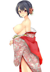 Rule 34 | absurdres, alternate costume, alternate hairstyle, bare shoulders, black hair, blush, breasts, breasts out, flower, fusou (kancolle), hair between eyes, hair bun, hair flower, hair ornament, highres, japanese clothes, kantai collection, kimono, kon5283, large breasts, looking at viewer, looking to the side, nipples, off shoulder, red eyes, red kimono, single hair bun