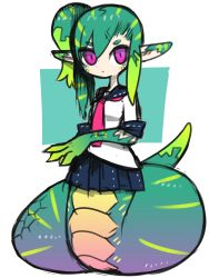 Rule 34 | 1girl, claws, green hair, haze (c10h17n7o4), highres, lamia, long ears, monster girl, original, pink eyes, pointy ears, scales, school uniform, skirt, solo, source request
