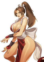 Rule 34 | 1girl, absurdres, breasts, brown hair, cleavage, fatal fury, high ponytail, highres, large breasts, looking at viewer, ninja, pelvic curtain, revealing clothes, sep rina, shiranui mai, smile, solo, the king of fighters, thighs