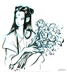 Rule 34 | 1girl, artist name, bouquet, chang ge xing, chinese clothes, commentary, double bun, english commentary, fingernails, flower, hair bun, hanfu, holding, holding bouquet, layered sleeves, li chang ge, long hair, long sleeves, looking to the side, monochrome, open clothes, open robe, parted lips, petals, robe, short over long sleeves, short sleeves, sidelocks, simple background, sketch, sleeves past elbows, solo, song of the long march, spider lily, straight hair, upper body, white background, wide sleeves, yutaan