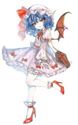 Rule 34 | 1girl, bat wings, d:, dress, full body, hat, high heels, highres, kyogoku-uru, mob cap, nail polish, open mouth, red footwear, red nails, remilia scarlet, simple background, sleeves past wrists, solo, standing, standing on one leg, touhou, white background, white dress, wings