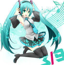 Rule 34 | 1girl, :d, aqua eyes, aqua hair, bad id, bad pixiv id, boots, detached sleeves, female focus, full body, gradient background, hatsune miku, headset, high heels, kneeling, long hair, miki meteor, musical note, necktie, open mouth, shoes, skirt, smile, solo, thigh boots, thighhighs, twintails, very long hair, vocaloid, white background