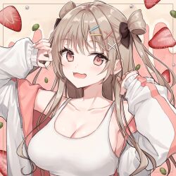 Rule 34 | 1girl, blush, breasts, brown hair, cleavage, collarbone, crop top, eyelashes, food, fruit, hair ornament, hair ribbon, hairclip, highres, jacket, large breasts, long hair, long sleeves, looking at viewer, murata konomin, nail polish, open clothes, open jacket, open mouth, original, pink eyes, pink nails, ribbon, sleeves past wrists, solo, sports bra, strawberry, two side up, upper body, white sports bra, x hair ornament