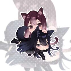 Rule 34 | 2girls, animal ear fluff, animal ears, black footwear, black gloves, black hair, boots, cat ears, cat girl, cat tail, chibi, chinese commentary, commentary request, elbow gloves, full body, gloves, gradient hair, grey eyes, highres, holding own arm, kemonomimi mode, long hair, looking at viewer, lying on lap, miix777, multicolored hair, multiple girls, path to nowhere, purple eyes, purple hair, rahu (path to nowhere), shalom (path to nowhere), simple background, tail, white background, white hair, zoom layer