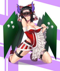 Rule 34 | 1girl, absurdres, ankle boots, bare shoulders, black hair, black panties, black thighhighs, boots, breasts, christmas, cleavage, cleavage reach, collarbone, demon horns, female focus, frilled sleeves, frills, full body, garter straps, hairband, highres, horns, kneeling, large breasts, lips, long hair, midriff, miniskirt, panties, pantyshot, purple eyes, rinkou no lemuria, rockmanwjh, shaded face, shion (lemuria), skirt, smile, solo, striped, striped background, thighhighs, underwear, wide sleeves