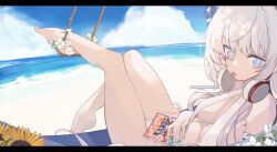 Rule 34 | 1girl, abae, azur lane, barefoot, beach, blue eyes, flower, headphones, headphones around neck, highres, le malin (azur lane), looking at viewer, solo, sunflower, swingshort hair, tongue, tongue out, white hair