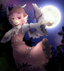 Rule 34 | 1girl, :d, absurdres, animal ears, blush, breasts, dress, earrings, full moon, hair between eyes, hand on own chest, hat, highres, jewelry, looking at viewer, moon, moonlight, mystia lorelei, neko pachi, night, open mouth, outstretched arm, petticoat, pink eyes, pink hair, sky, small breasts, smile, solo, touhou, tree, wide sleeves, wings