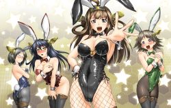 Rule 34 | 10s, 4girls, :d, ahoge, animal ears, ass, black eyes, black hair, blush, bow, bowtie, breasts, brown hair, cocoa (cocoa0191), covered erect nipples, covering privates, covering breasts, crossed arms, detached collar, embarrassed, fake animal ears, fishnet pantyhose, fishnets, glasses, hairband, hand on own hip, haruna (kancolle), hiei (kancolle), kantai collection, kirishima (kancolle), kongou (kancolle), large breasts, leotard, looking at viewer, multiple girls, open mouth, outstretched hand, pantyhose, playboy bunny, purple eyes, rabbit ears, rabbit tail, siblings, sisters, smile, star-shaped pupils, star (symbol), sweatdrop, symbol-shaped pupils, tail, thighhighs, wrist cuffs, yellow eyes