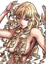 Rule 34 | 1girl, anastasia (claymore), arms up, blonde hair, breasts, censored, claymore (series), colorized, convenient censoring, drill hair, hair censor, hair over breasts, hand in own hair, highres, large breasts, long hair, nude, simple background, solo, tagme, upper body, white background