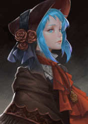 Rule 34 | 1girl, absurdres, black background, bloodborne, blue eyes, blue hair, bonnet, capelet, closed mouth, ascot, eyeshadow, flower, from side, highres, jewelry, lips, makeup, mascara, moonface, necklace, pendant, plain doll, red flower, red rose, rose, short hair, sideways glance, solo, upper body