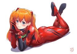 Rule 34 | 1girl, ass, blush, bodysuit, breasts, brown hair, finalcake, full body, long hair, looking at viewer, lying, medium breasts, neon genesis evangelion, on stomach, plugsuit, red bodysuit, shiny clothes, simple background, smile, solo, souryuu asuka langley, the pose, two side up, very long hair, water, wide hips