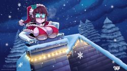 Rule 34 | 1girl, absurdres, blush, bra, breasts, brown hair, chimney, christmas, cleavage, closed mouth, cyynapse, elbow gloves, ellie (cyynapse), gloves, green eyes, highres, house, large breasts, looking away, night, original, outdoors, rectangular eyewear, red bra, santa costume, short hair, snow, snowflakes, snowing, solo, underwear, white gloves