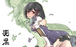 Rule 34 | 10s, 1girl, ass, bad id, bad pixiv id, black hair, blush, breasts, brown eyes, elbow gloves, gloves, haguro (kancolle), hair ornament, kantai collection, looking at viewer, looking back, medium breasts, open mouth, personification, shirt tug, short hair, shorts, solo, tears, thighhighs, tonami kanji, torn clothes, wallpaper, white gloves