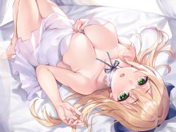 Rule 34 | bare arms, bare legs, bare shoulders, barefoot, blonde hair, blue bow, blush, bow, breasts, breath, choker, cleavage, covered navel, dress, feet, frilled dress, frills, green eyes, hair bow, hair intakes, highres, knees out of frame, knees up, large breasts, long hair, looking at viewer, lying, nagiha kuten, neck ribbon, no bra, no panties, on back, on bed, original, ribbon, see-through, short dress, skindentation, stomach, strapless, strapless dress, undressing, white choker, white dress