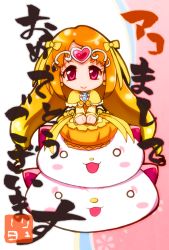 Rule 34 | 10s, 1girl, bow, brooch, bubble skirt, chibi, circlet, cure muse, cure muse (yellow), dress, hair bow, heart, hummy (suite precure), iruka-margarine, jewelry, long hair, magical girl, orange dress, orange hair, orange skirt, pink eyes, precure, ryuuta (cure ryuuta), shirabe ako, skirt, smile, solo, suite precure, yellow bow