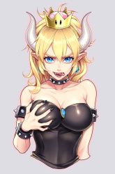 Rule 34 | 1girl, bare shoulders, black dress, black nails, blonde hair, blue eyes, bowsette, bracelet, breasts, chimachi, cleavage, collar, collarbone, crown, dress, earrings, fangs, gem, grabbing own breast, grey background, hair between eyes, horns, jewelry, large breasts, looking at viewer, mario (series), nail polish, new super mario bros. u deluxe, nintendo, open mouth, pointy ears, ponytail, solo, spiked bracelet, spiked collar, spikes, strapless, strapless dress, super crown, tongue, tongue out, upper body